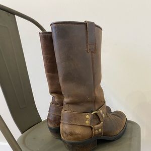Distressed leather harness boots